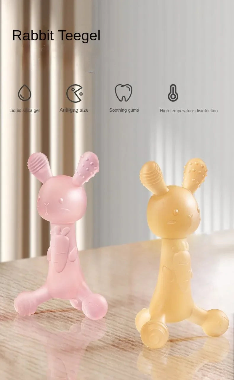 Pink and yellow silicone rabbit teether for babies shown with features like anti-gag size and soothing gums