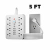 A white 8-outlet surge protector power strip with 6 USB ports and a 5-foot cord.
