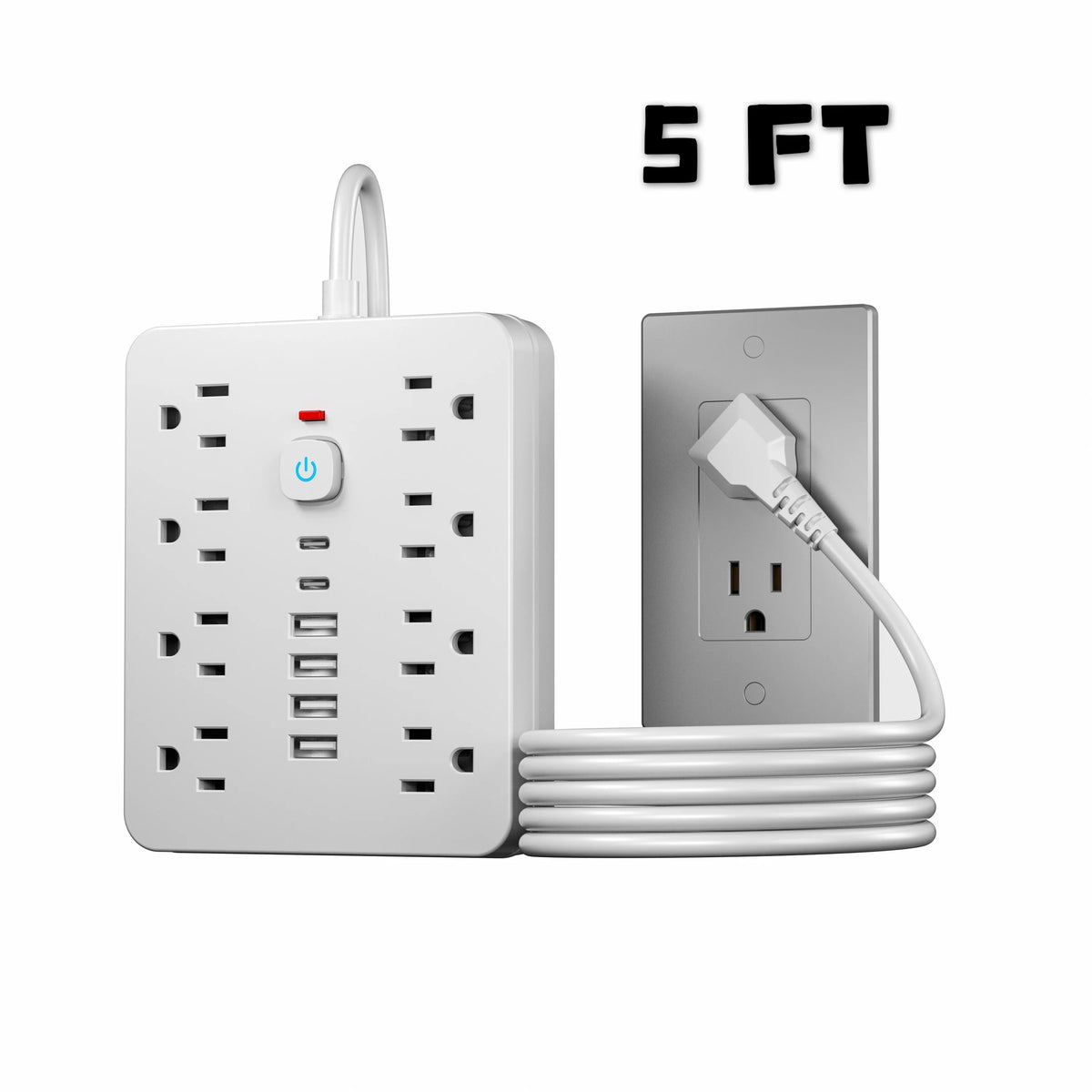 A white 8-outlet surge protector power strip with 6 USB ports and a 5-foot cord.