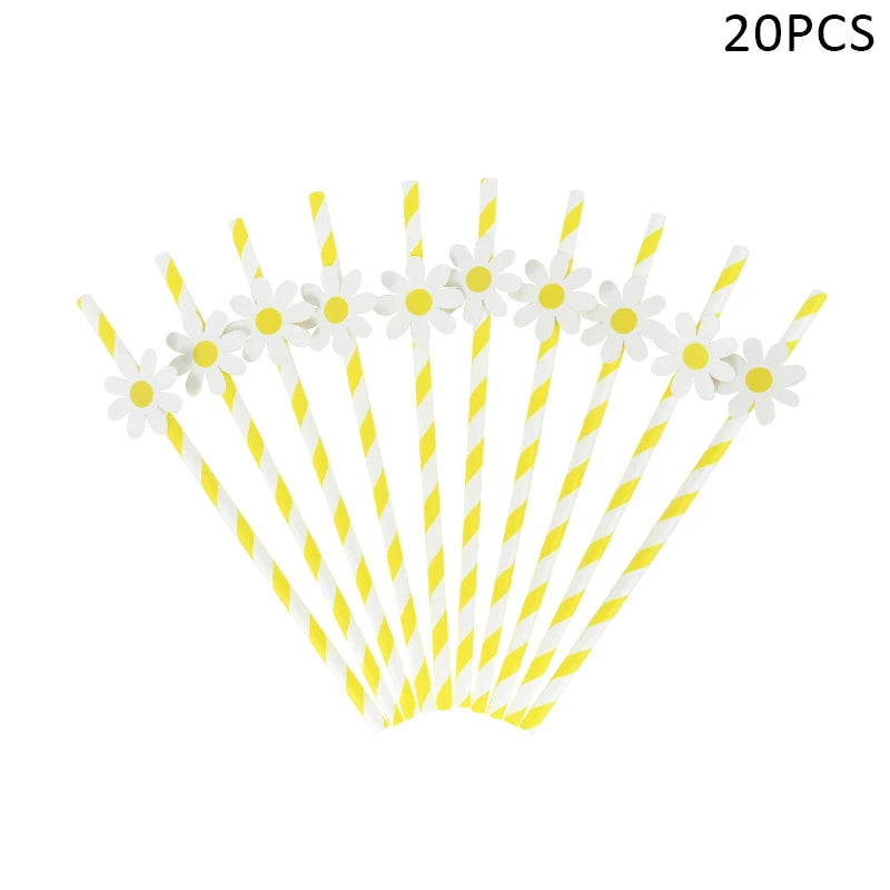 A set of 20 disposable party streamers shaped like white and yellow daisy flowers.