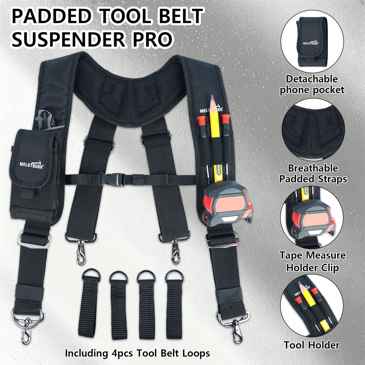 Work Suspenders with Detachable Phone Holder and Tool Belt Support