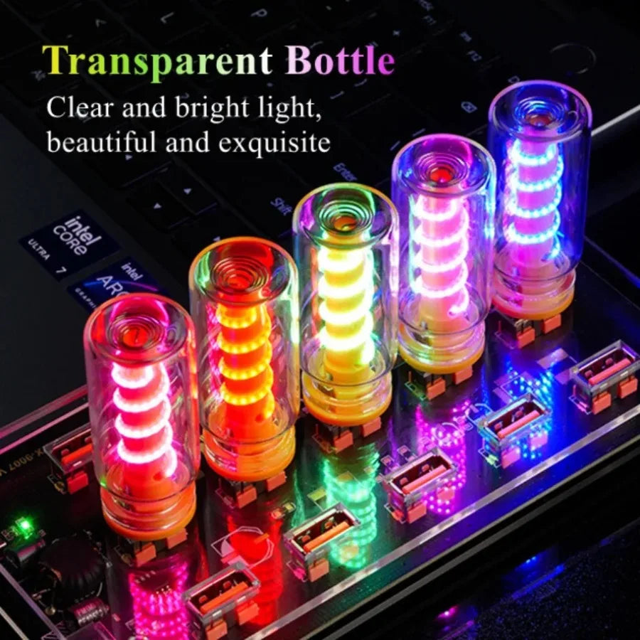 A collection of transparent glass bottles filled with bright LED lights displayed on a circuit board.