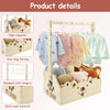 A wooden storage crate with a handle designed for storing baby essentials and toys, featuring various wooden hangers and stor