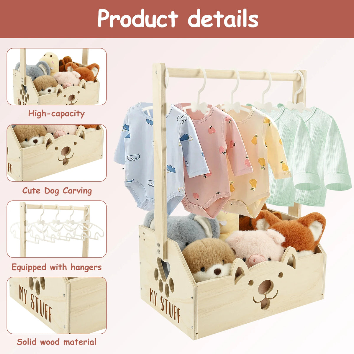 A wooden storage crate with a handle designed for storing baby essentials and toys, featuring various wooden hangers and stor