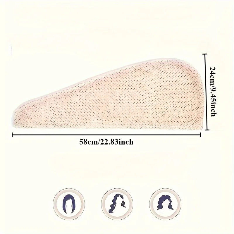 A light pink microfiber towel wrap for hair, shown flat with dimensions 58cm/22.83inch long and 24cm/9.45inch wide.