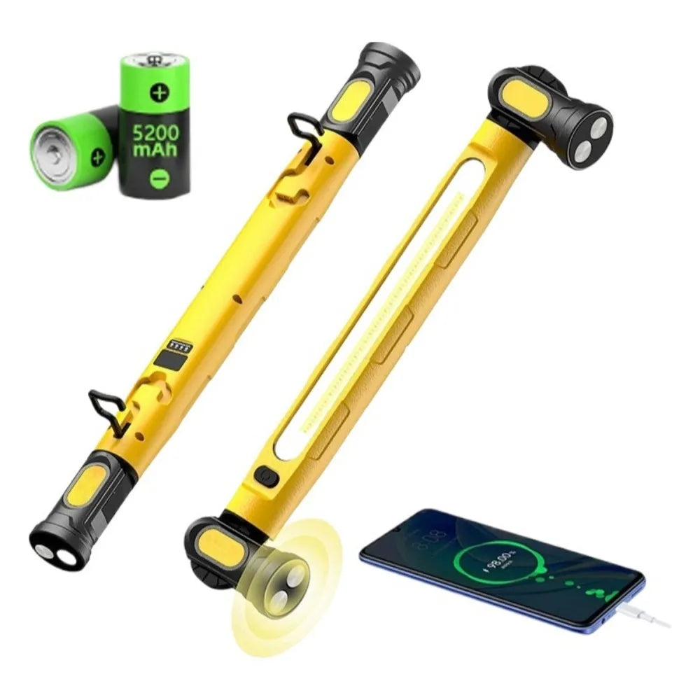 A yellow magnetic rechargeable COB work light with a hook and a green power bank is shown.