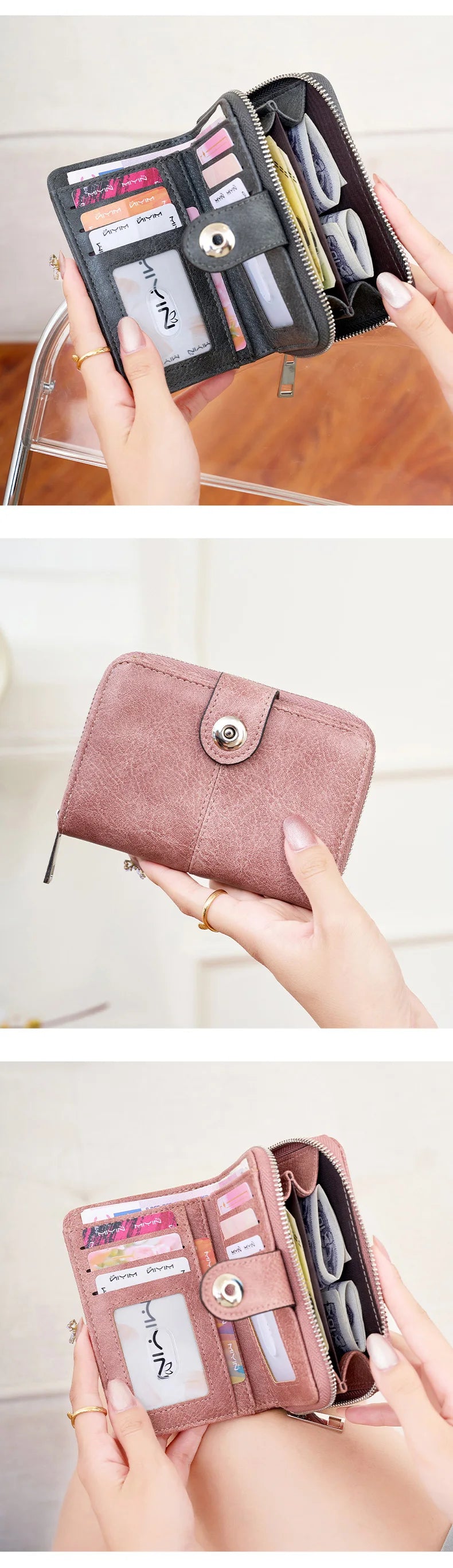 A close-up of a vintage RFID blocking short wallet with a zipper closure shown being held by hands.