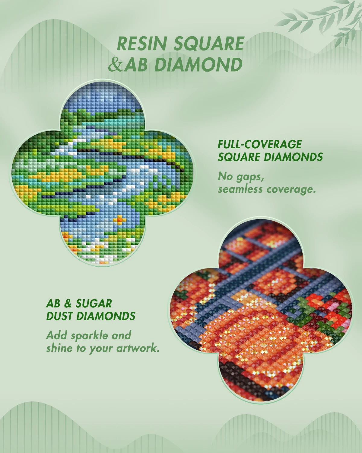 A collection of resin square and AB diamond mosaics featuring various colors and patterns.