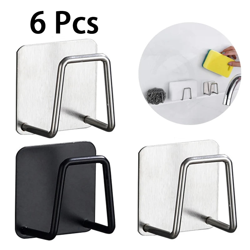 Six stainless steel sponge holders for kitchen sink, shown in black and silver finishes.