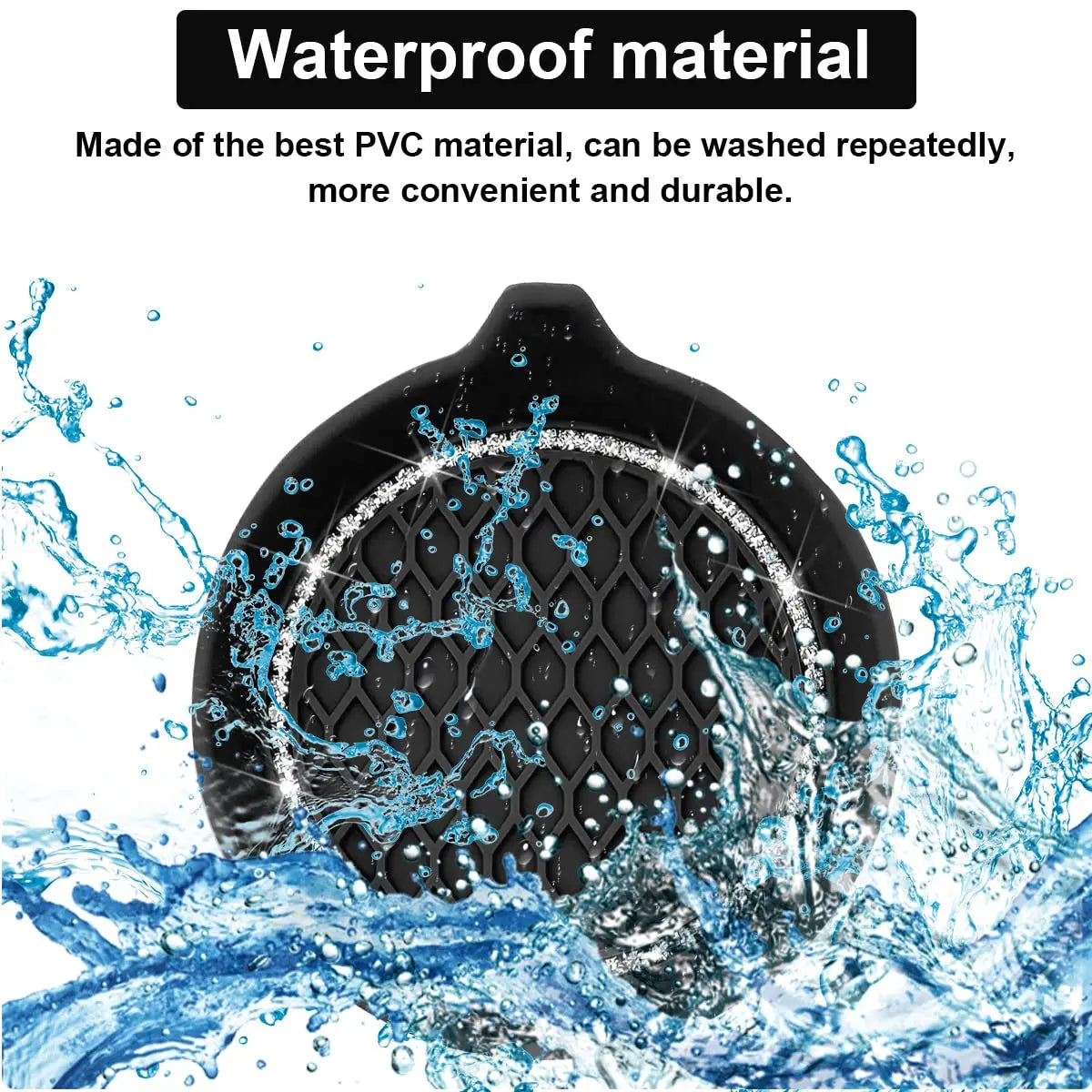 A black silicone cup holder coaster being washed under water with splashing blue water.