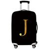 Black rolling suitcase with a gold letter J printed on the side.