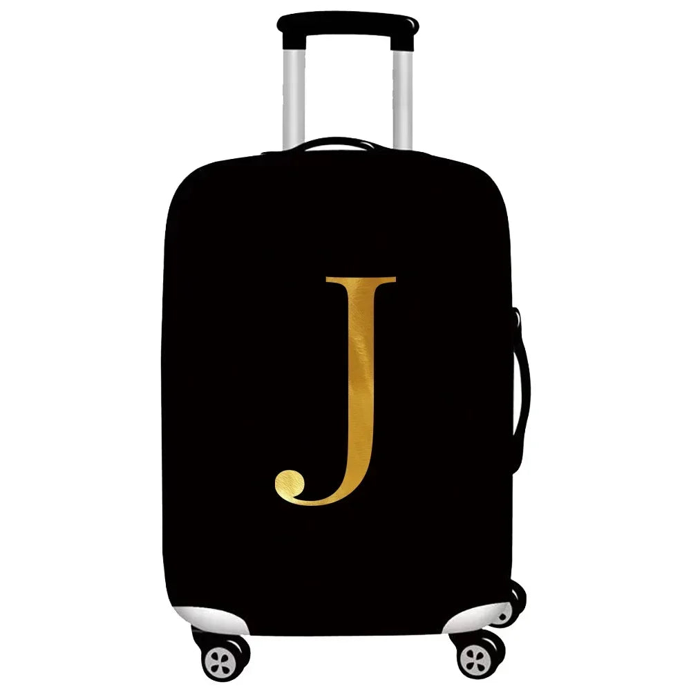Black rolling suitcase with a gold letter J printed on the side.