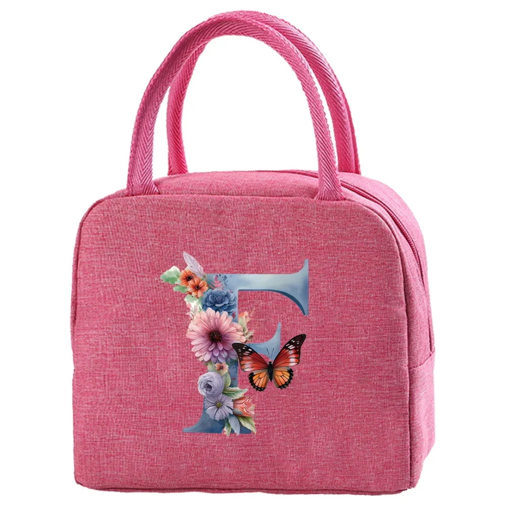 Insulated Canvas Lunch Bag with Butterfly Letter Pattern