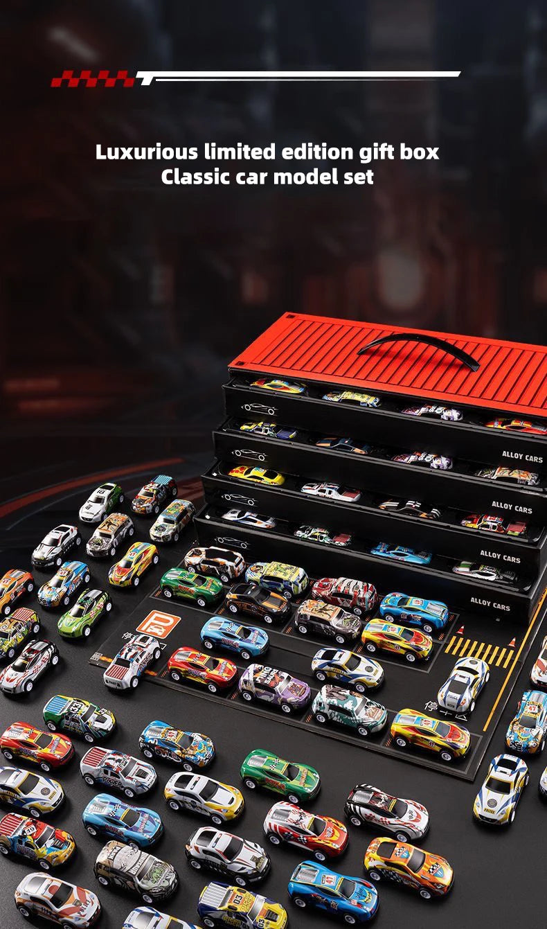 A collection of 48 diecast metal car models in various colors and finishes displayed on a black surface.