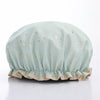Light blue reusable elastic shower cap with gold star pattern