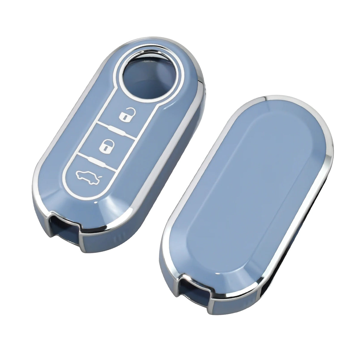 A light blue luxury leather key case for Fiat and Citroen models, showing various key shapes.