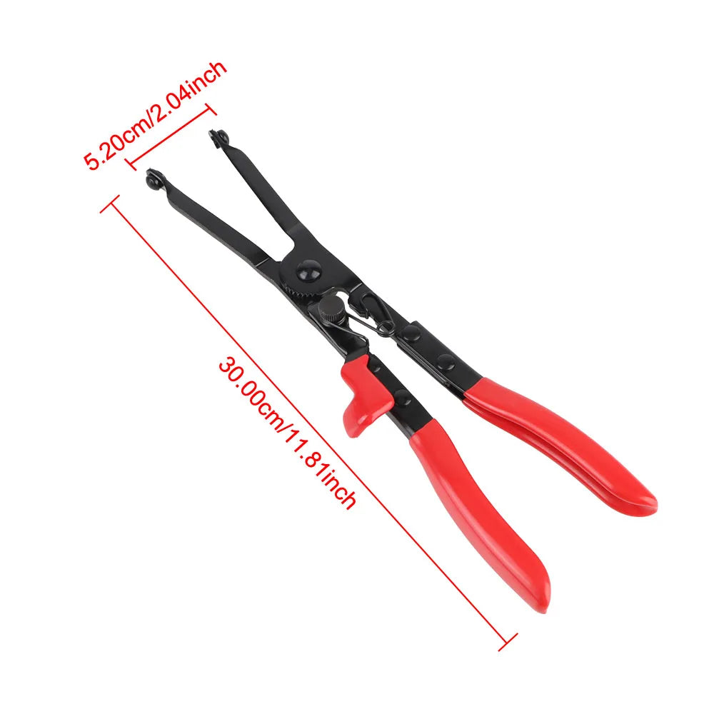 A pair of red and black steel hose clamp removal pliers with marked dimensions.