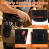 A hand demonstrates a black tool pouch with four pockets and loops, showing an adjustable tool pocket and a tape measure clip