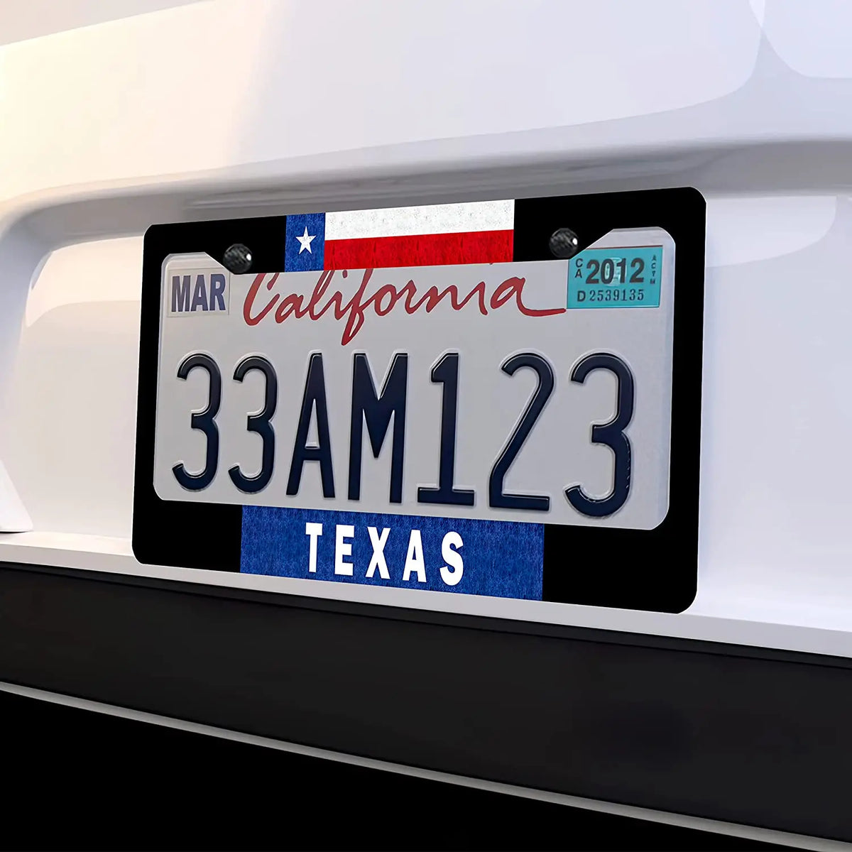 A black license plate frame displaying a Texas license plate design with the state flag and text.