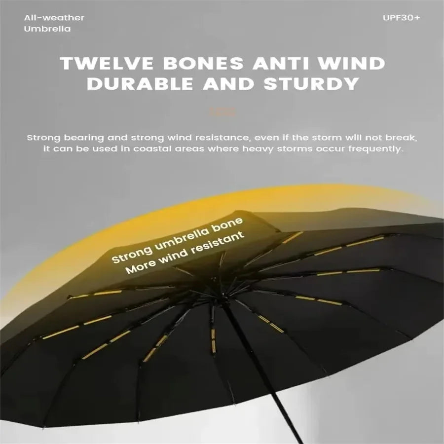 A black umbrella is shown open, highlighting its durable and sturdy construction for anti-wind performance.