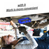 A person is using a blue magnetic parts tray to make work more convenient under a car.