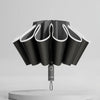 A black fully automatic reverse-folding windproof umbrella with UV protection shown from above.