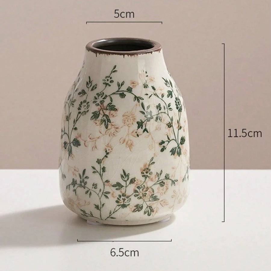 Handgemachte Keramikvase mit gesprenkeltem Weißglasur und grünem Blumenmuster