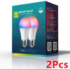 A box containing two smart bulbs, one pink and one white, with WiFi and Bluetooth connectivity features.