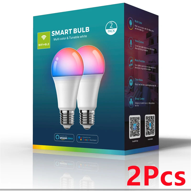 A box containing two smart bulbs, one pink and one white, with WiFi and Bluetooth connectivity features.