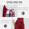 A maroon apron shown in two ways: tied at the back and wrapped at the front.