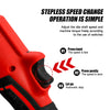 Close-up of a red cordless right angle ratchet wrench showing instructions for a stepless speed change operation.