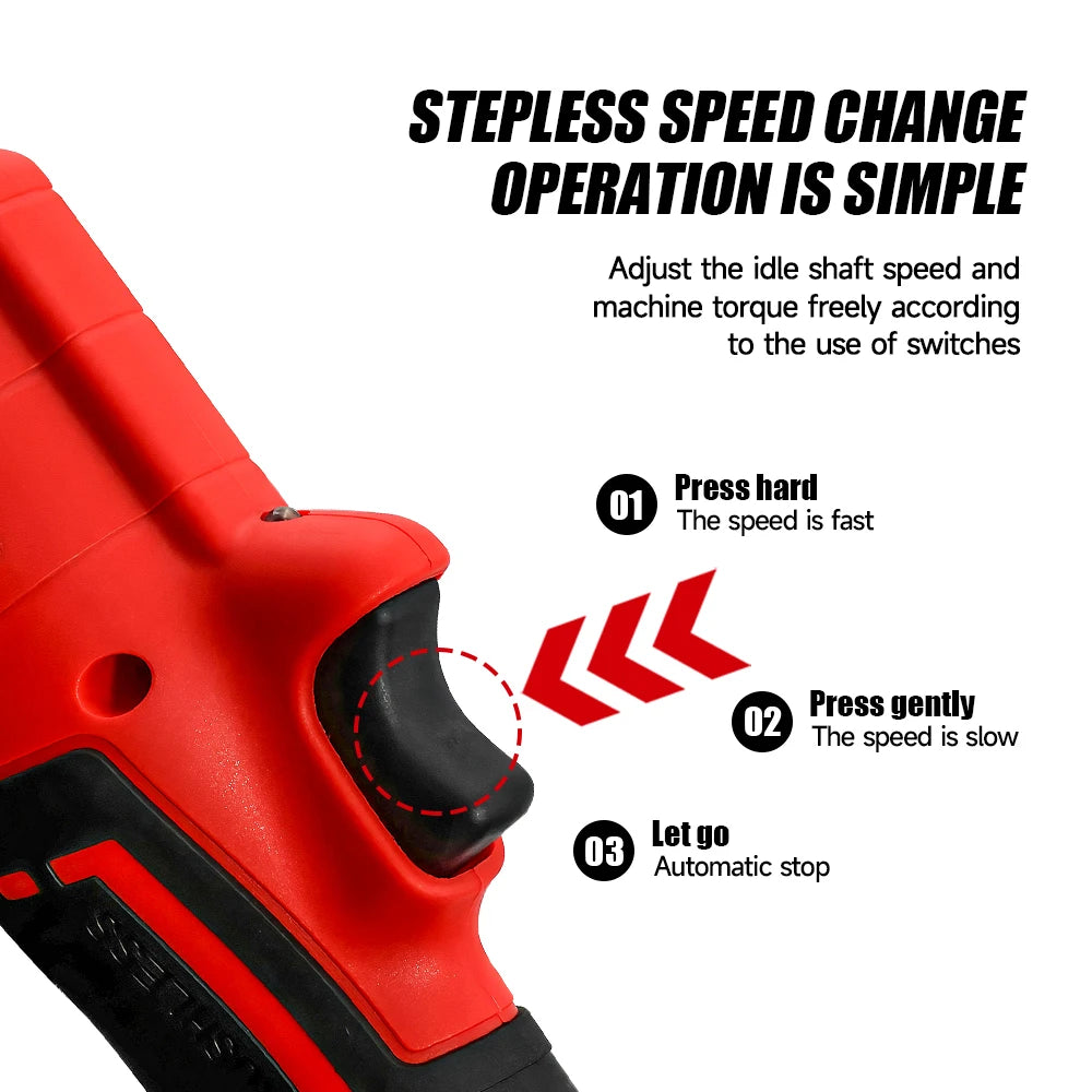 Close-up of a red cordless right angle ratchet wrench showing instructions for a stepless speed change operation.