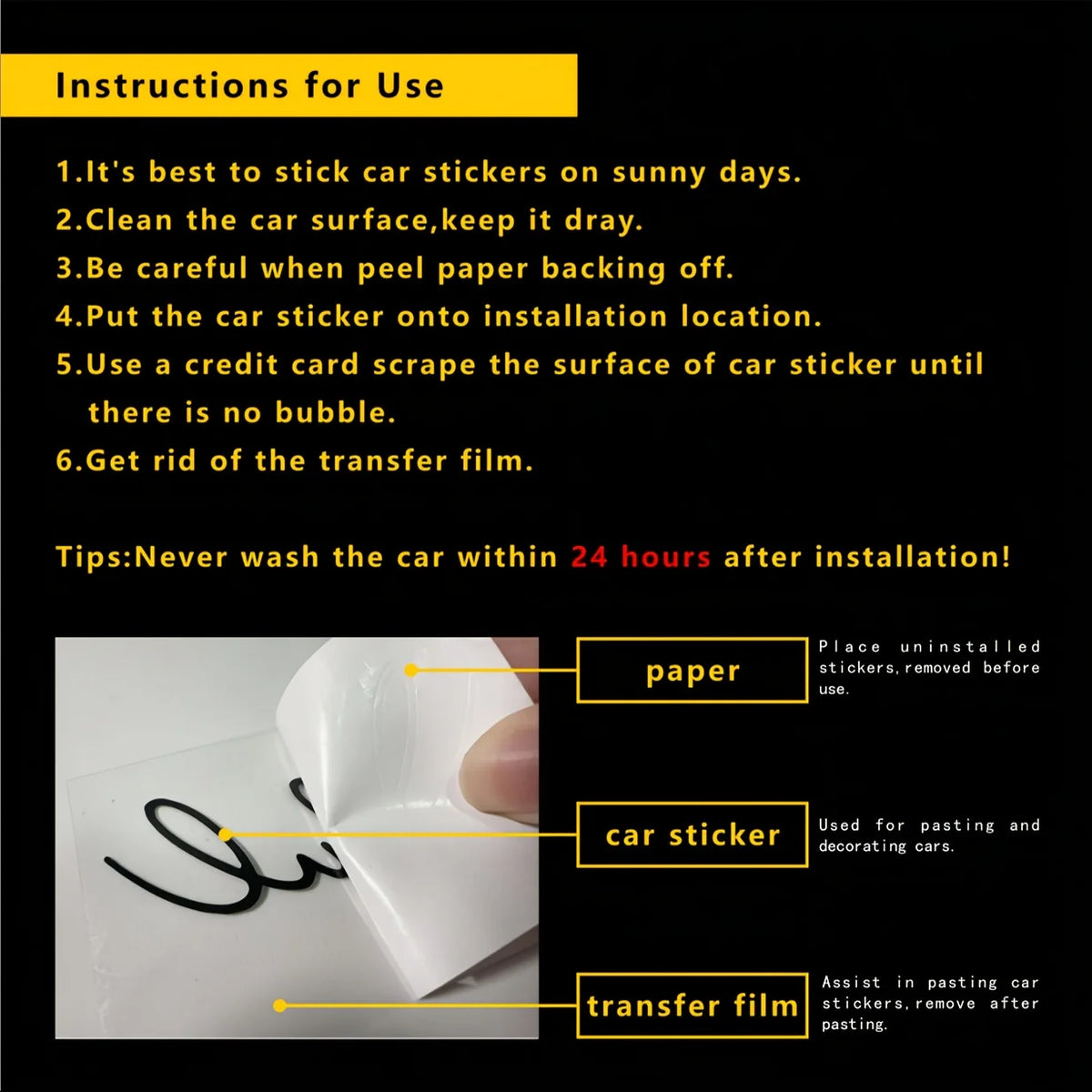 Instructions for using a vinyl car sticker showing steps like cleaning the surface and using a credit card to remove bubbles.