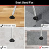 A heavy-duty adjustable door security bar is shown being used on various surfaces including hardwood, vinyl, carpet, and tile