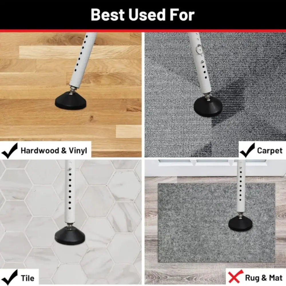 A heavy-duty adjustable door security bar is shown being used on various surfaces including hardwood, vinyl, carpet, and tile