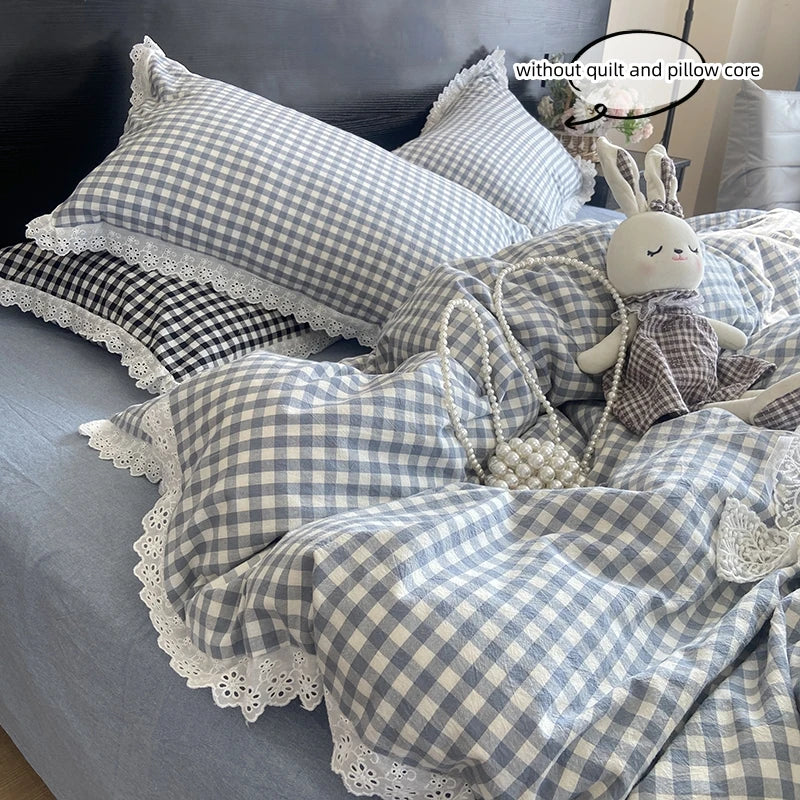 Lace Trim Plaid Duvet Cover Set with Pillowcases
