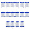 A set of twelve white kitchen faucet water filters with blue caps and splash guards arranged in a grid.