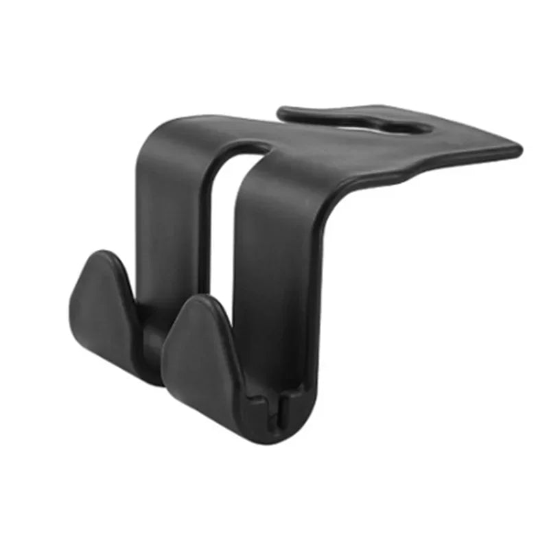A black universal car headrest hook storage hanger set for bags and clothes.
