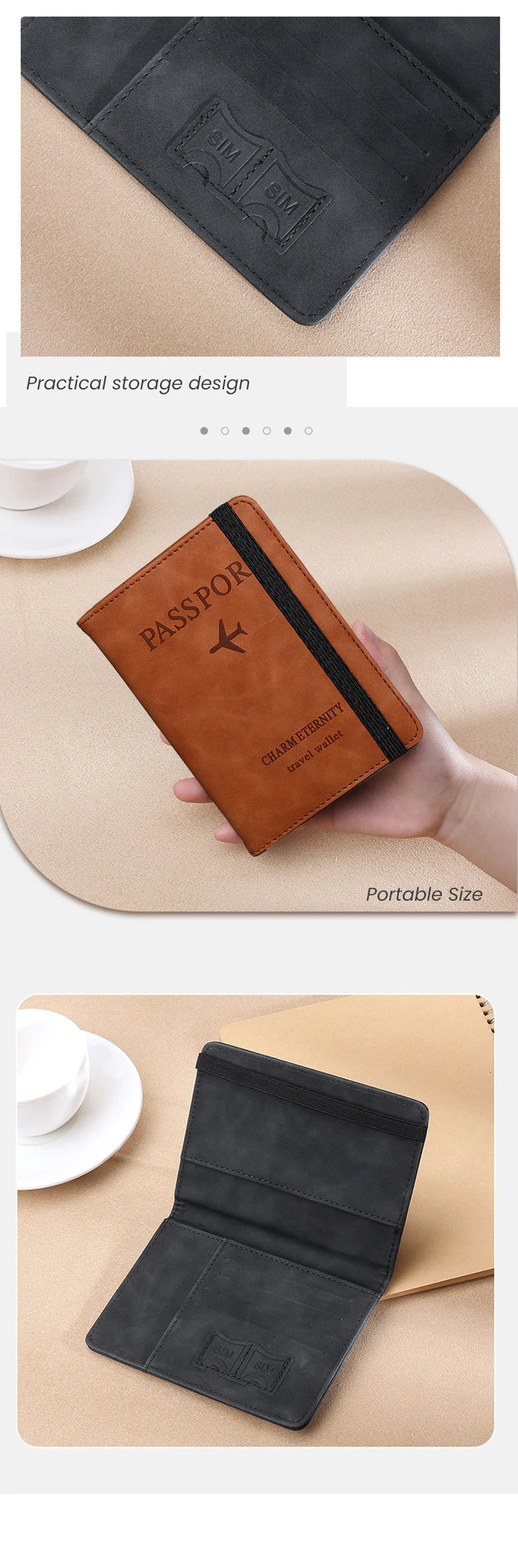 A close-up of a black RFID-blocking passport cover and travel wallet made of leather, shown in use.