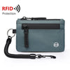 A dark teal RFID-blocking travel wallet with a black carabiner clip attached.