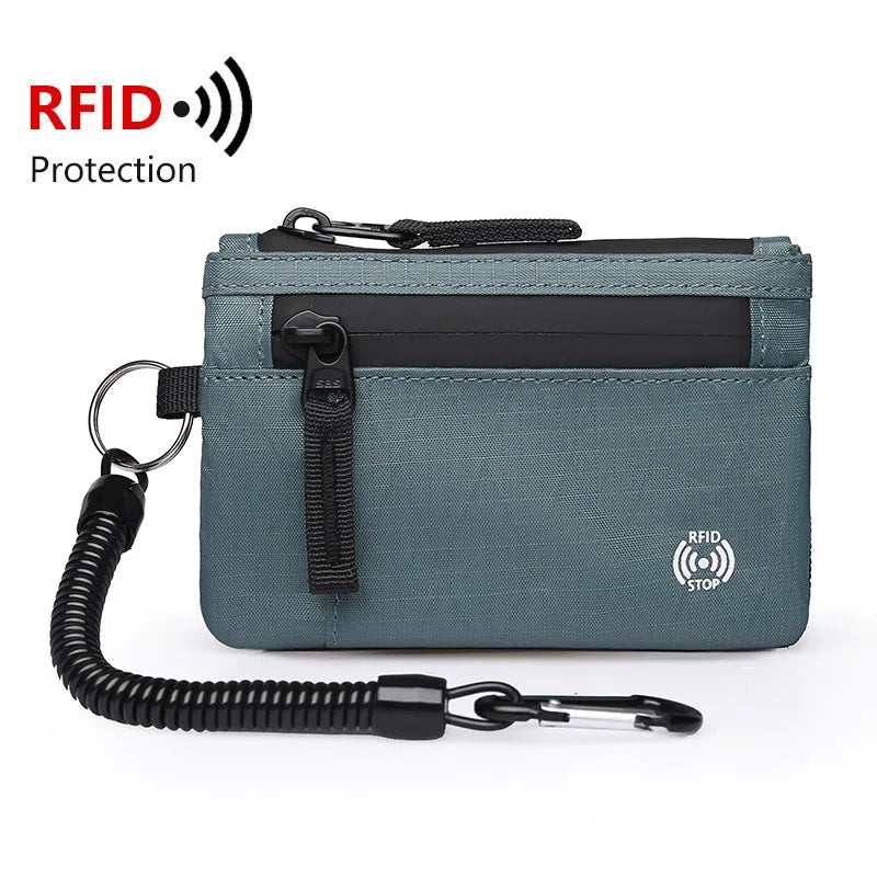 A dark teal RFID-blocking travel wallet with a black carabiner clip attached.
