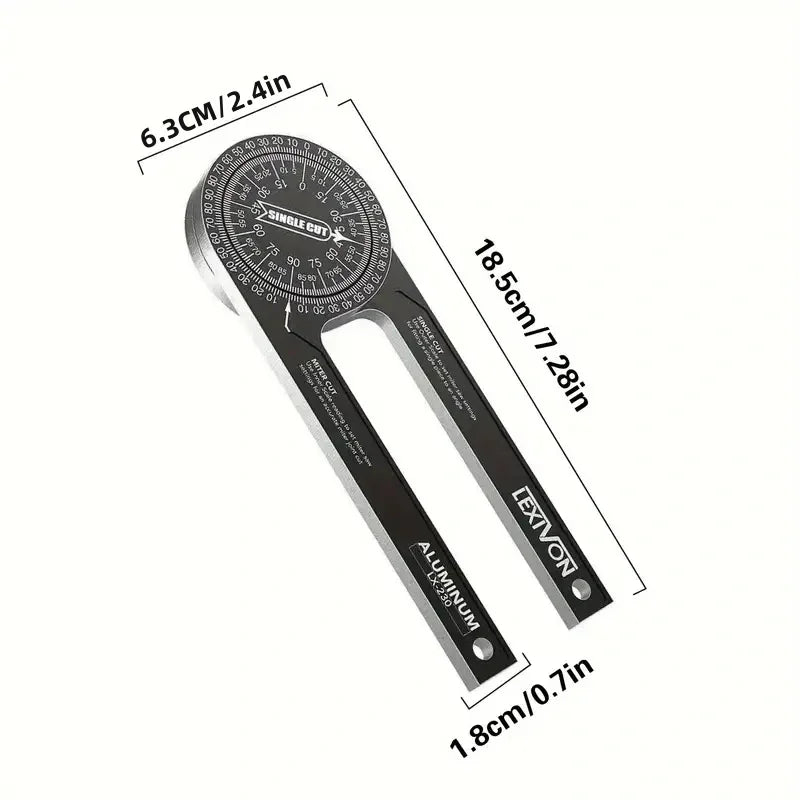 Aluminum miter saw protractor with laser-engraved scales showing measurements in centimeters and inches.
