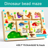 A wooden dinosaur bead maze board featuring various dinosaurs like Velociraptor and Triceratops for toddlers.