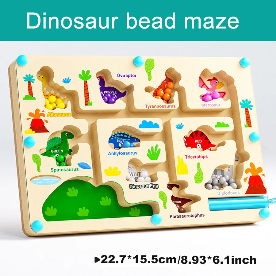 A wooden dinosaur bead maze board featuring various dinosaurs like Velociraptor and Triceratops for toddlers.