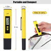 A yellow portable digital pH water tester with a black base and a black carrying case.