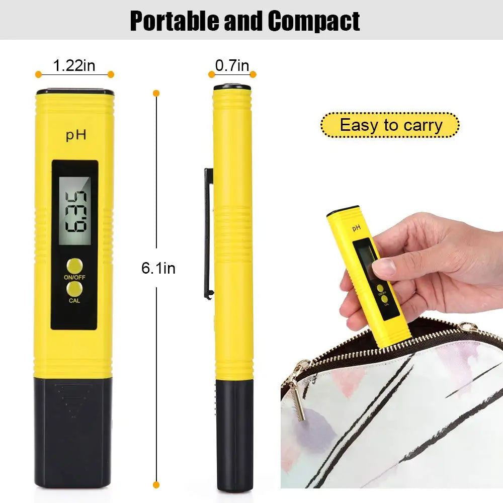 A yellow portable digital pH water tester with a black base and a black carrying case.
