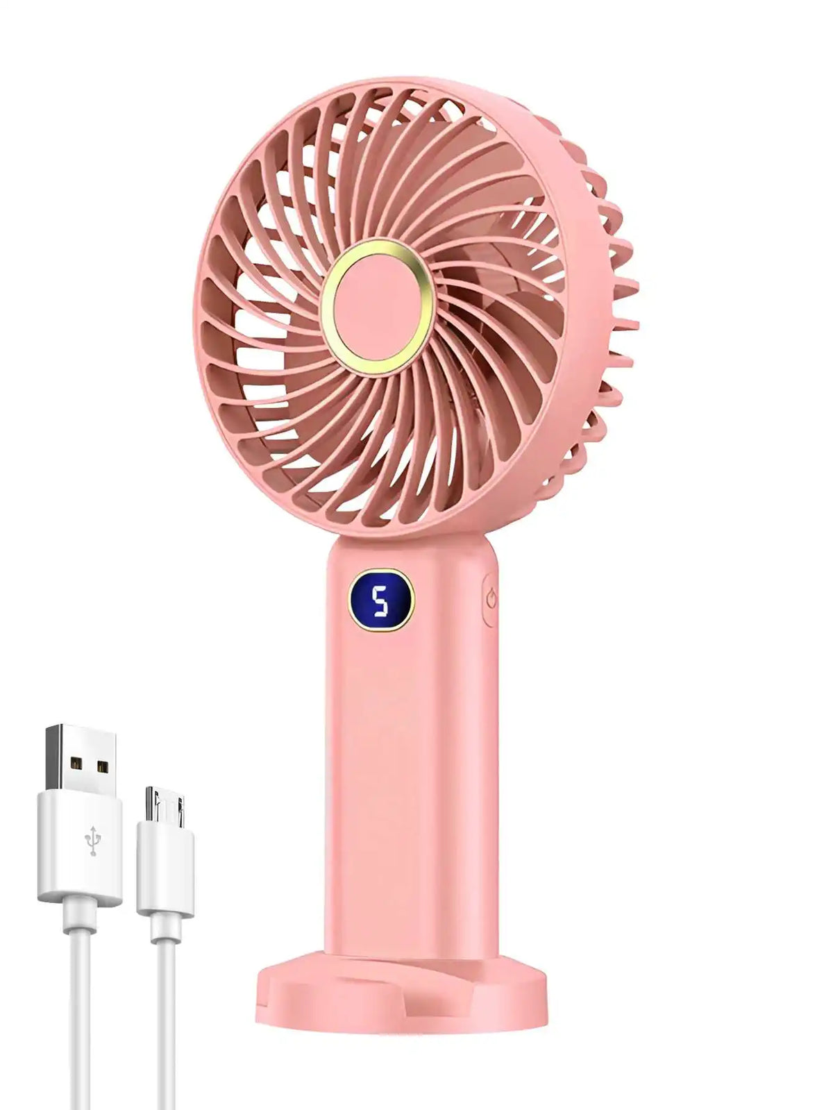 A pink portable rechargeable handheld fan with a circular grille and a digital display, shown next to its charging cable.