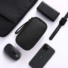 A black waterproof double-layer travel organizer for cables and accessories shown with a smartphone and a wrist strap.