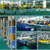 Various views of a universal stretchable speaker stand cover used in a factory setting.