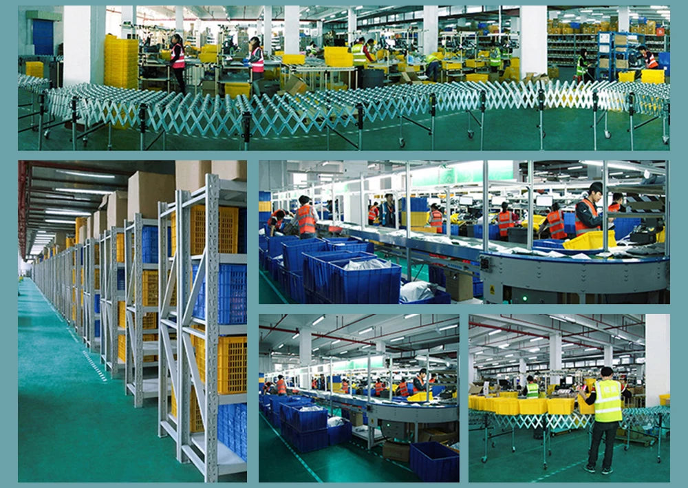 Various views of a universal stretchable speaker stand cover used in a factory setting.
